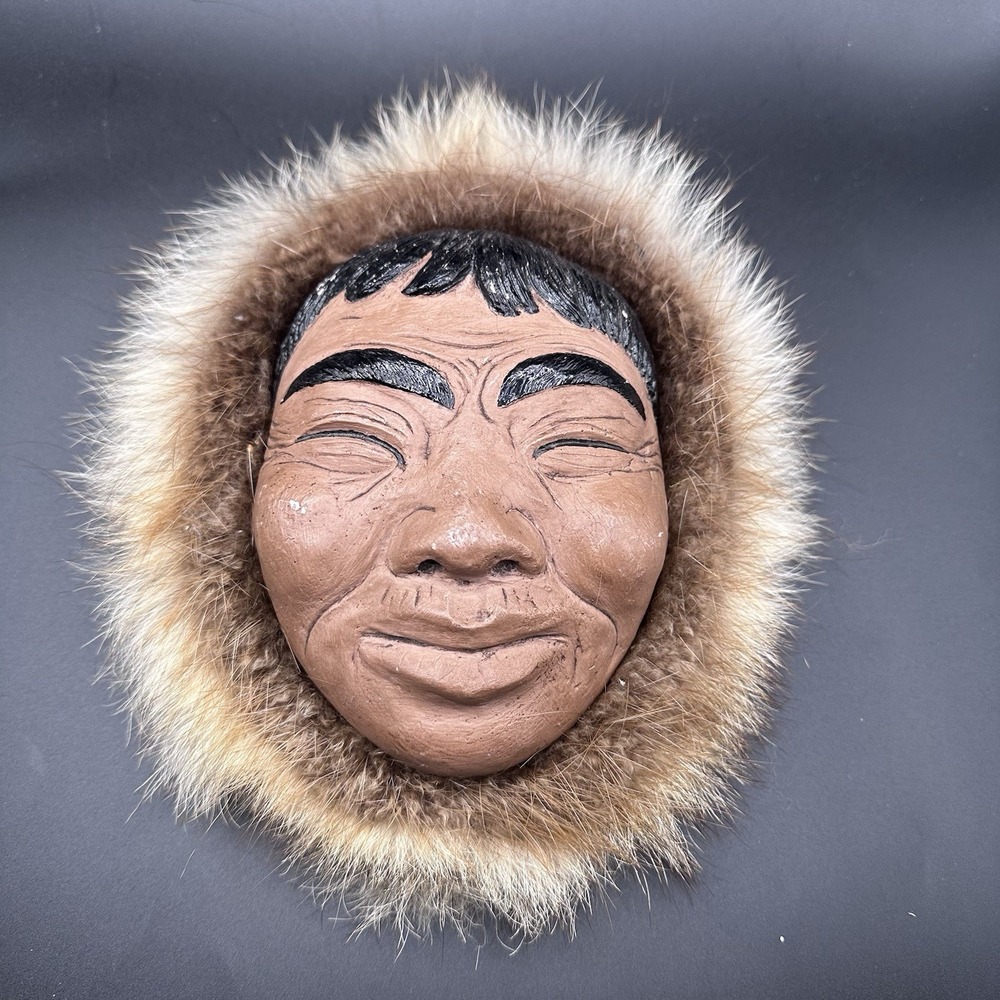 Vtg Inuit Art Eskimo Elder Face Hand Carved Painted By Anaya Made In Alaska Fur